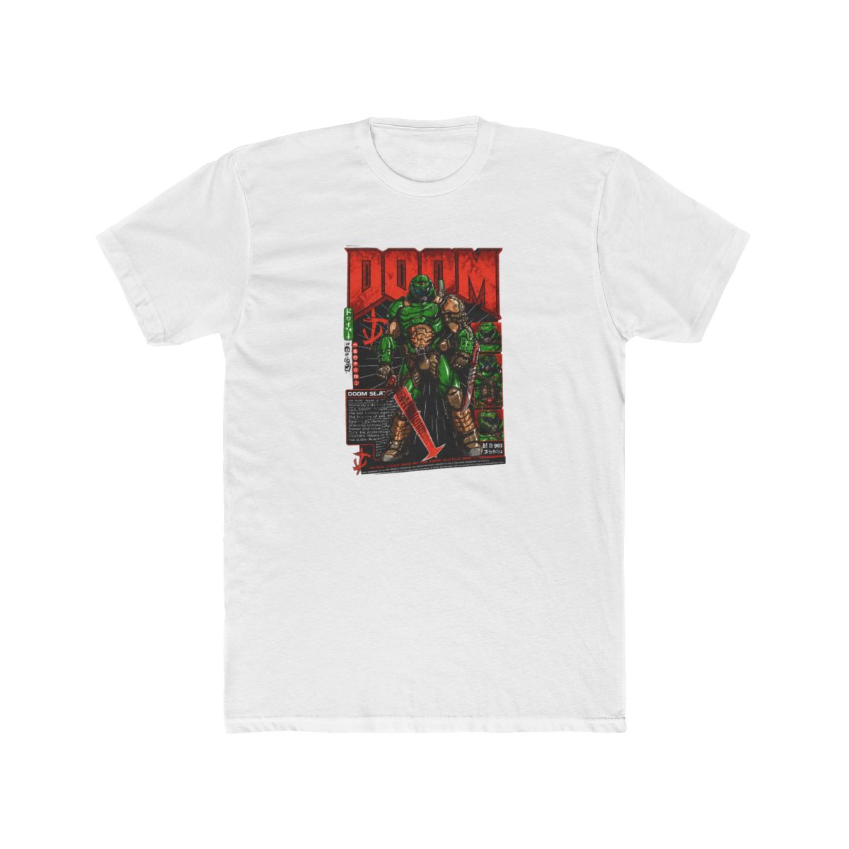 with a green and brown illustration of a character from the video game Doom T-Shirt